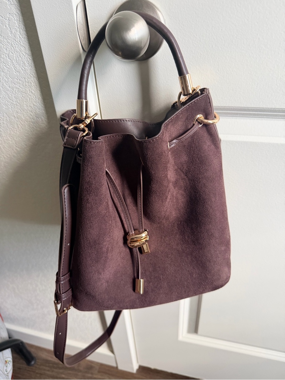 Anne Klein Chocolate Brown Suede Drawstring Shoulder Bag with Gold Hardware